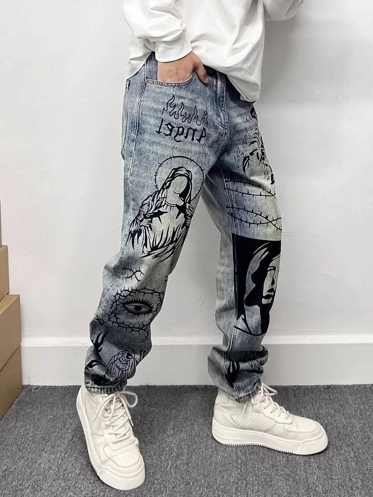 

Мужские джинсы свободного кроя в стиле ретро с граффити-принтом, повседневные, с высокой талией, из дышащего синего денима, летние, модные, в уличном стиле