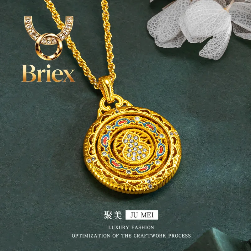 Briex Jewelry Luxury 24K 9999 Pure Gold real gold Fu Sheng Lu rotating compass encrusted gourd enamel pendant women's necklace