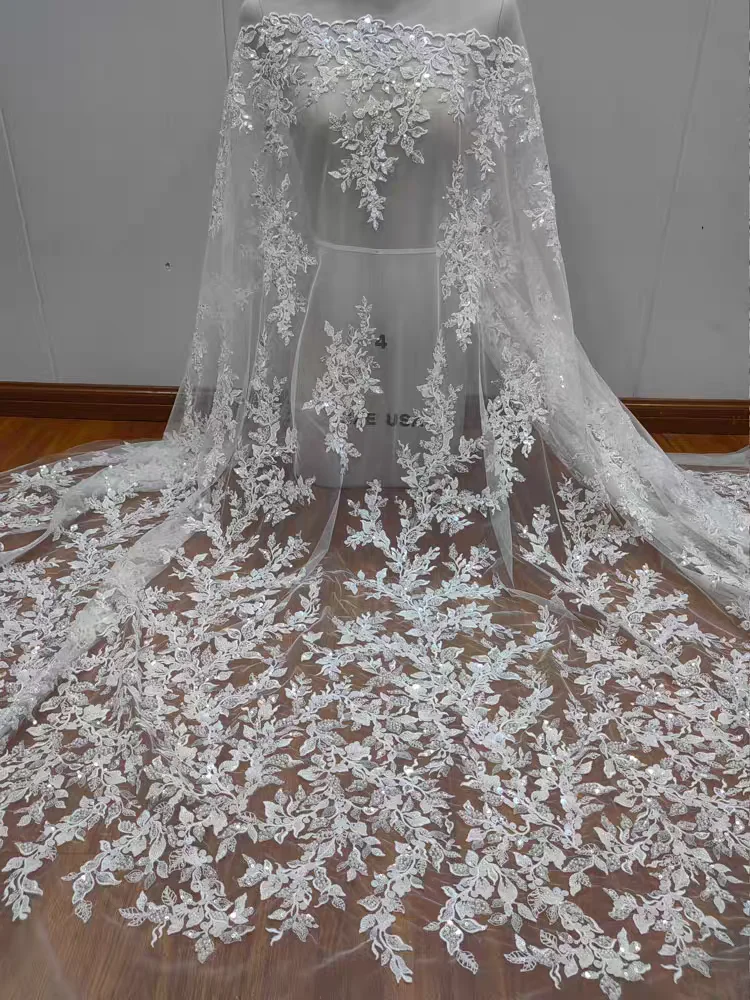 

Exquisite Embroidered Leaf Lace With Shining Sequins and Handbeaded Bridal Dress High Quality Lace Fabric