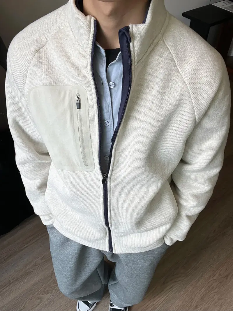 

Men's Knitted Fce Jaet Open Cardigan Outerwear Autumn Winter New American Sle Warm Stand Collar Coat Youth Faion