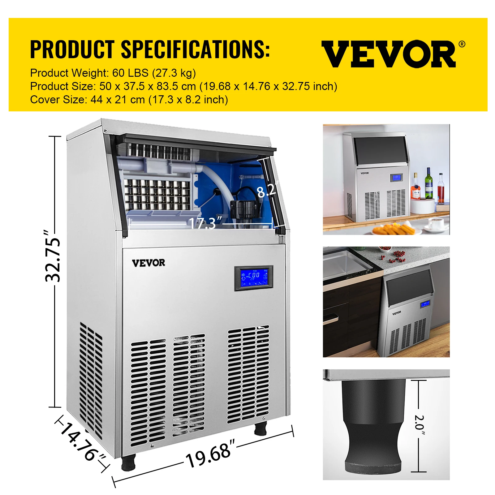 VEVOR Máquina de Hielo de Acero Inoxidable+ABS, 40/50/60/70 KG/24H Trituradora de Máquina de Hielo Comercial, 220V, Máquina para Hacer Hielo con Panel de Control LCD Inteligente, para Cafeterías