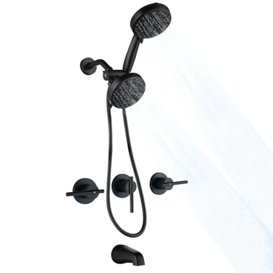 

3 Handle Tub Shower Faucet Matte Black Bathtub Shower Faucet Set with Tub Spout 3 Knob Shower Tub Faucet Set Wall Mount