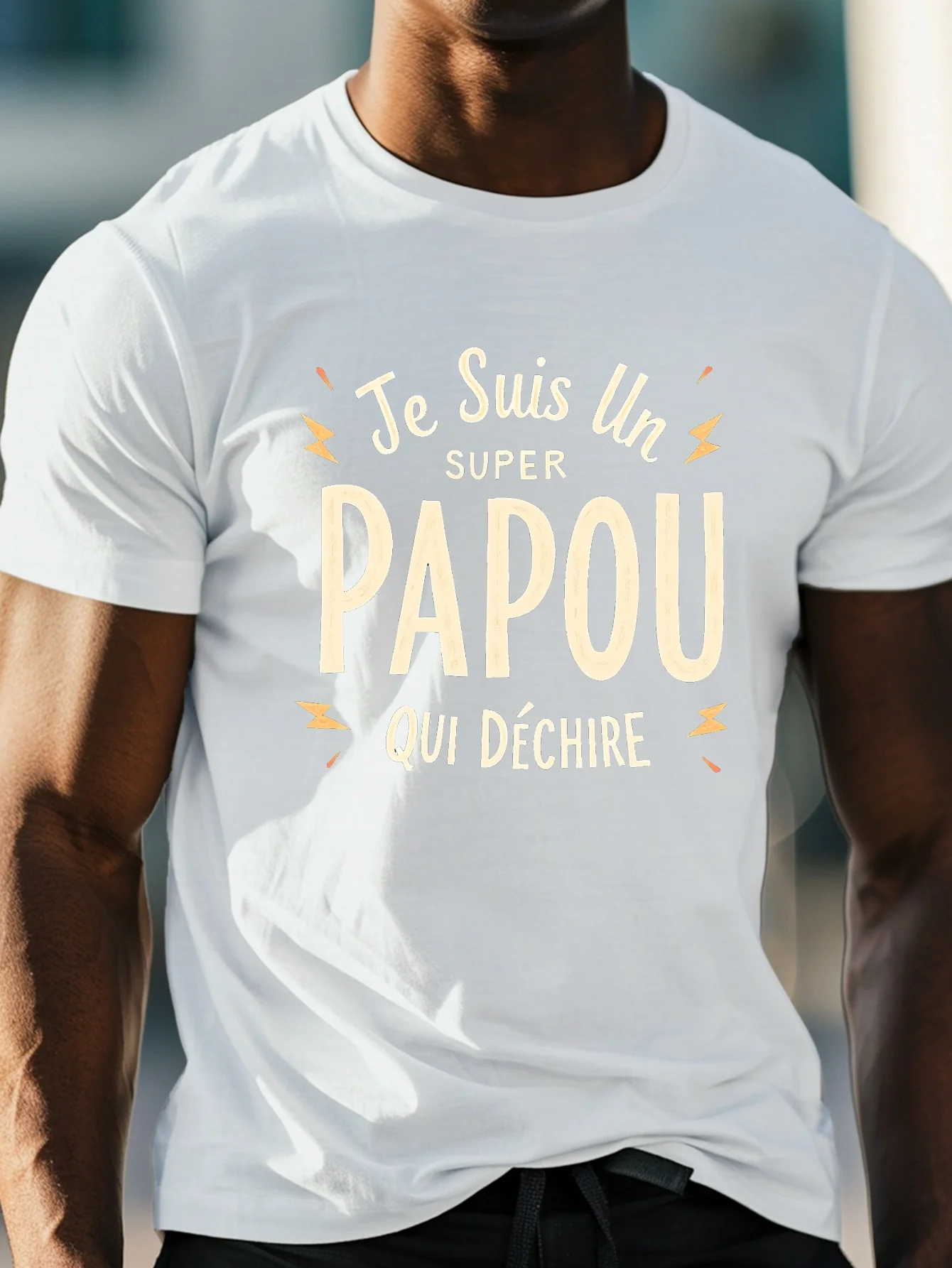 Men's "I Am a Great Papou" French Text Print Crew Neck T-Shirt - Lightweight Summer Casual Tee with Geometric Design