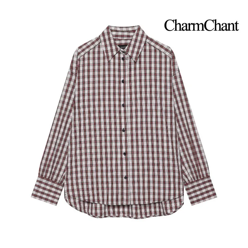CHARMCHANT Women's Plaid Shirt Lapel Collar Long Sleeve Button Down Blouse Back Pleated Loose Streetwear Top Autumn 2026