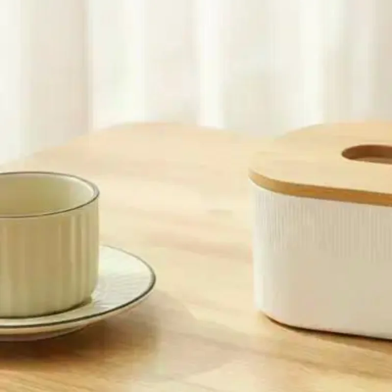 Plastic Tissue Box Nordic Minimalism with 1 Wooden Lid for Desk Countertop Napkin Storage in Bathroom Living Room Kitchen