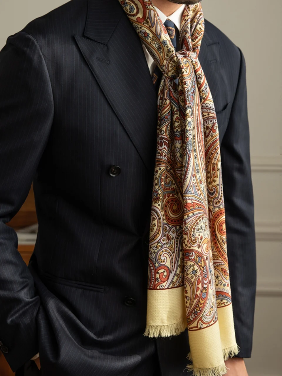 Wool Fusion Mulberry Silk Printed Autumn and Winter Scarf Long Gentleman High-end Small Capital Warm Neck for Men