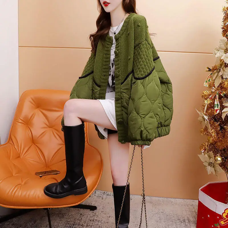 2026 Autumn Winter Women French Sweet Lazy Style Korean Version Spliced Tops Fashion Loose Thick Knitted Sweater Cotton Jacket