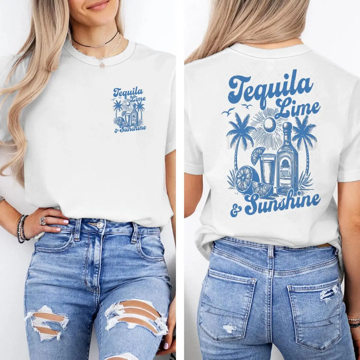 

Summer Ocean Beach T-Shirts "Jequila Lime Sunshine" Women Men Vintage Vacation Trip Tshirts Crewneck Short Sleeve Casual Clothes