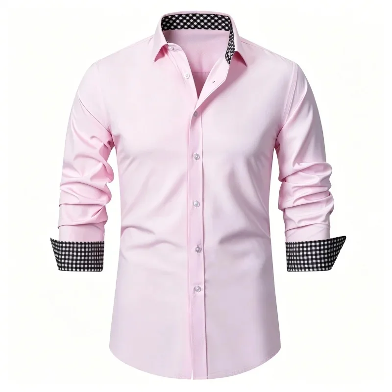Men's White Long-Sleeved Lapel Shirt with Red Herringbone Pattern Contrasting Splicing Shirt, Slim Fit Business Casual Top