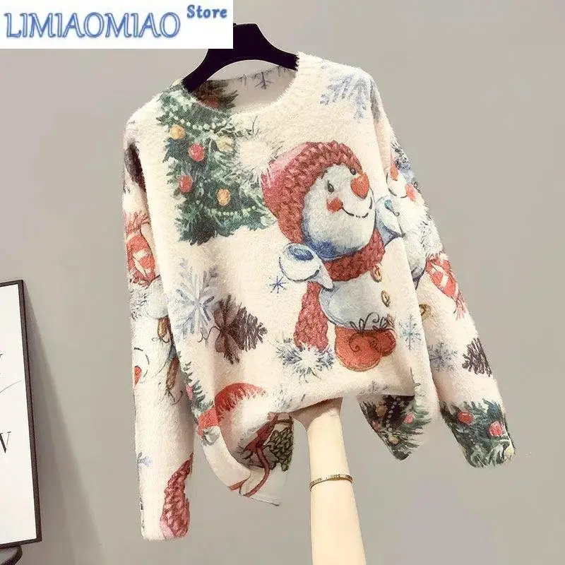 New Christmas Snowman High Street Acrylic Mink Knitted Sweater Round Neck Long Sleeve Autumn Winter Pullover Female Jumpers