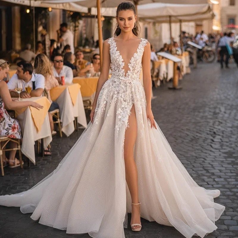 3D fiori Appliques di pizzo abiti da sposa Sexy punti divisi laterali abito da sposa in Tulle 2023 profondo scollo a v Backless sposa abiti da sposa