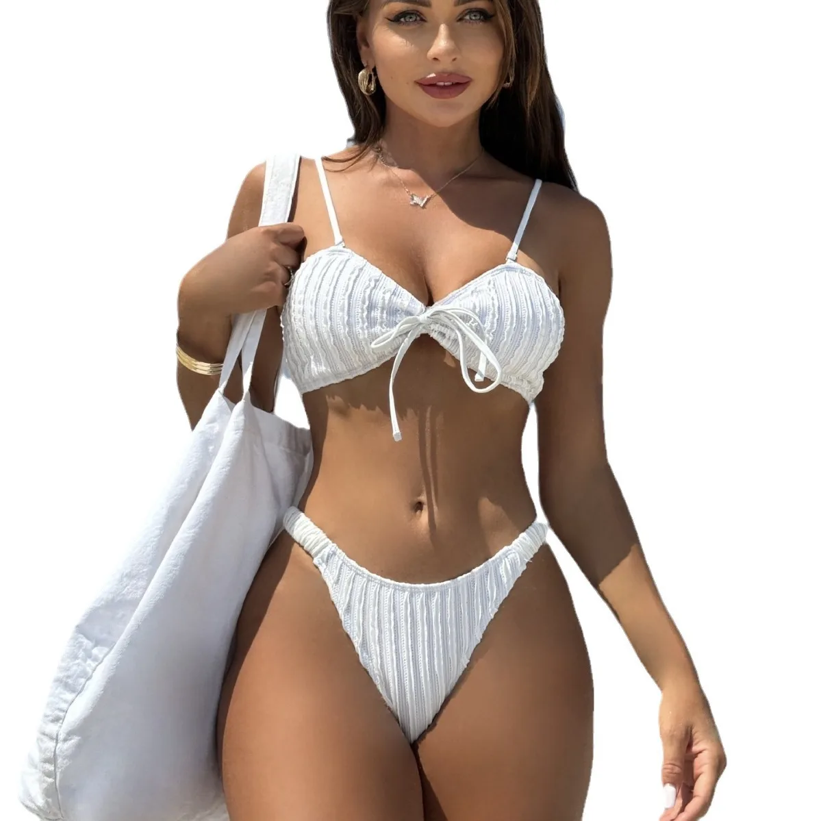 New Solid Color Special Fabric Lace-up Split Swimsuit Bikini