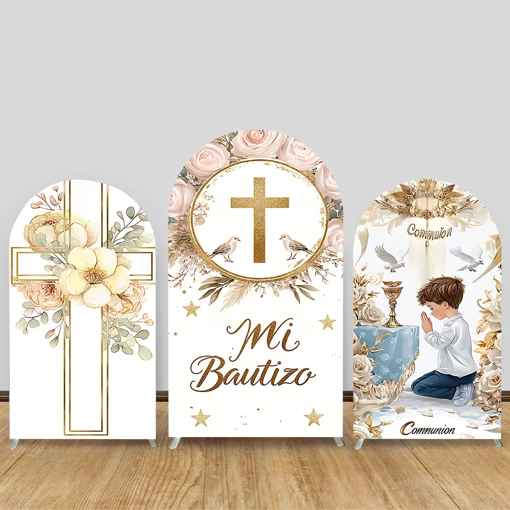 First Communion Arch Backdrop Cover Flowers God Bless Holy Cross Dove Girl Boy Baptism Baby Shower Decor Arched Background Props