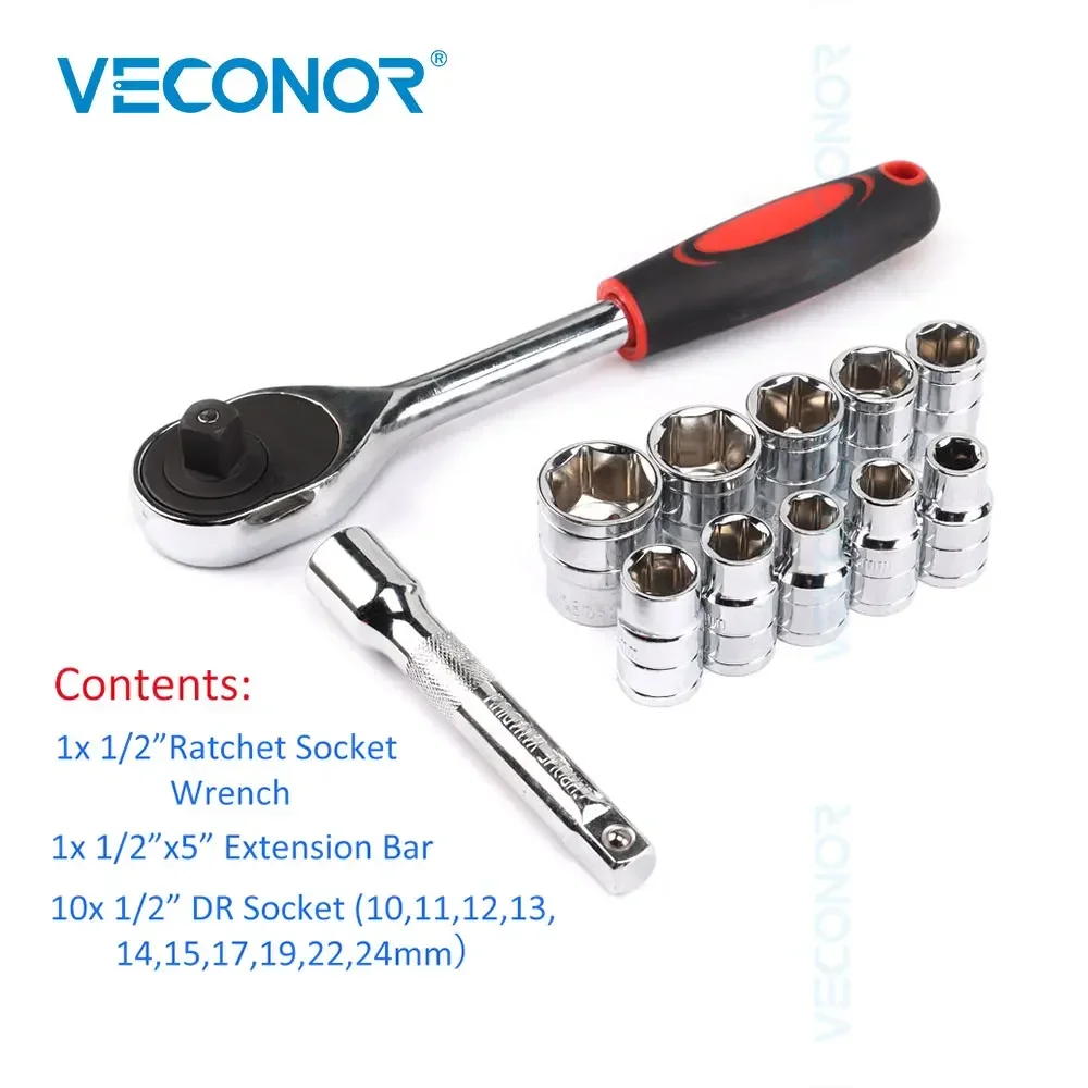 

12Pcs Socket Wrench Tools Set 1/2" Square Drive Ratchet Torque Wrench with 10 Sockets Extension Rod Drive