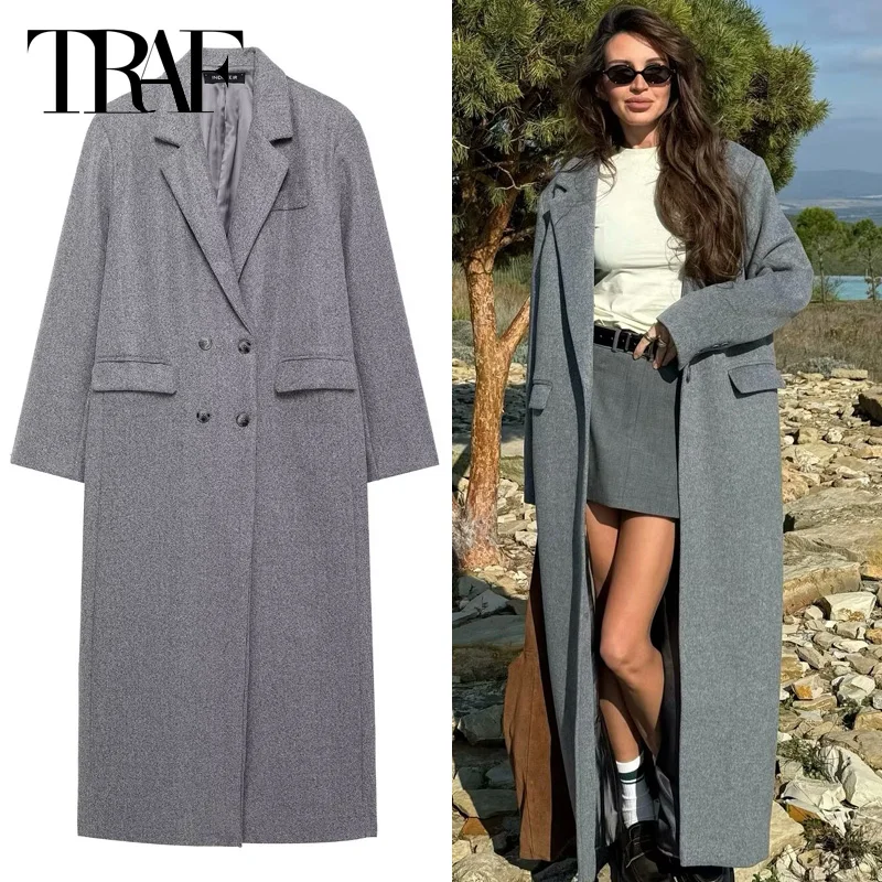 TRAF 2024 Woman Tweed Grey Coats Women's Coat Autumn Winter Long Sleeve Double-Breasted Outwears Casual Streetwear Long Jcakets