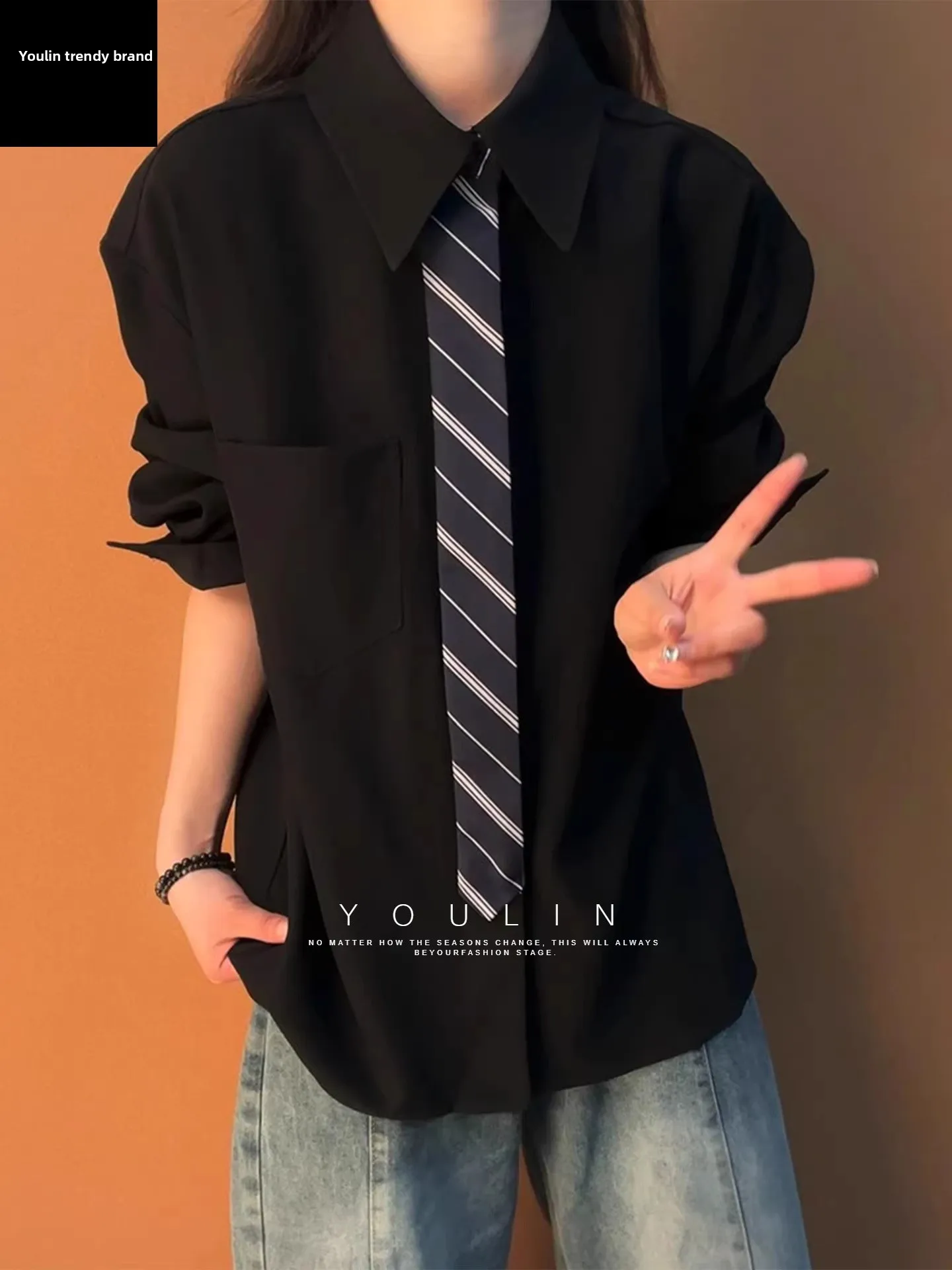 

Черная рубашка с воротником-стойкой и длинными рукавами, унисекс, весенняя, в американском университетском стиле, для пар, многослойная, в стиле DK, рубашка-пальто