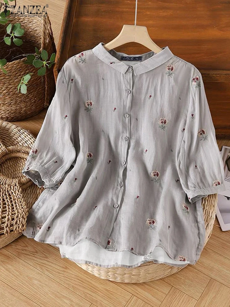 

2024 ZANZEA Women Floral Printing Shirts Leisure 3/4 Sleeve Tops Sweety Lapel Collar Chemise Summer Loose Open Female Top Tunics