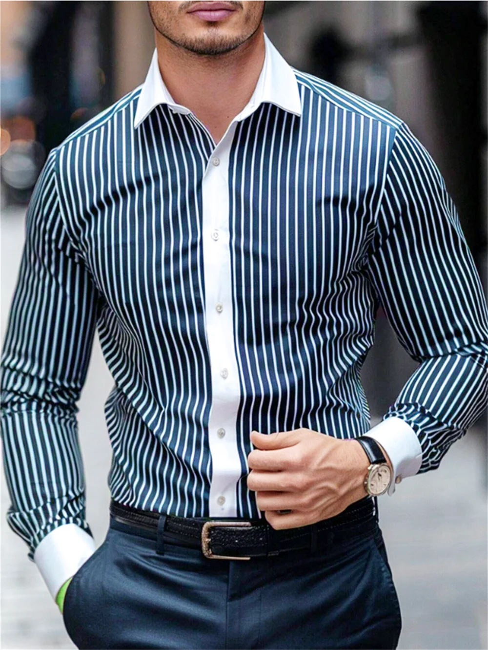 Spring and autumn casual men\'s shirts casual sports striped long sleeve shirts lapel large size men\'s clothing button design