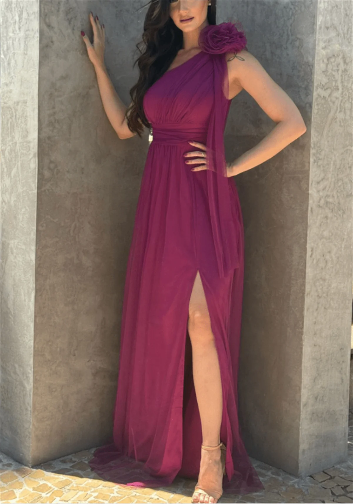 Purple Simple Prom Dress V-Neck Cinched Waist Sleeveless Chiffon Fabric Elegant Three-Dimensional Flower Formal Occasion Custom