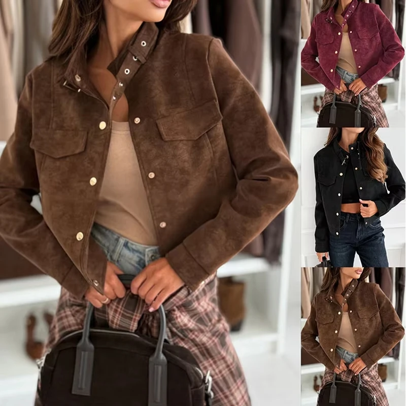 Retro Style Women's Short Jacket Slim Fit Turn-down Collar Button up Top Spring Autumn Outerwear Suede Fabric Long Sleeve