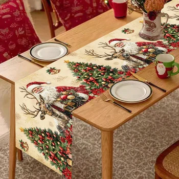 Retro Santa Claus Table Cover Vintage Christmas Table Runner Christmas Decorations For…