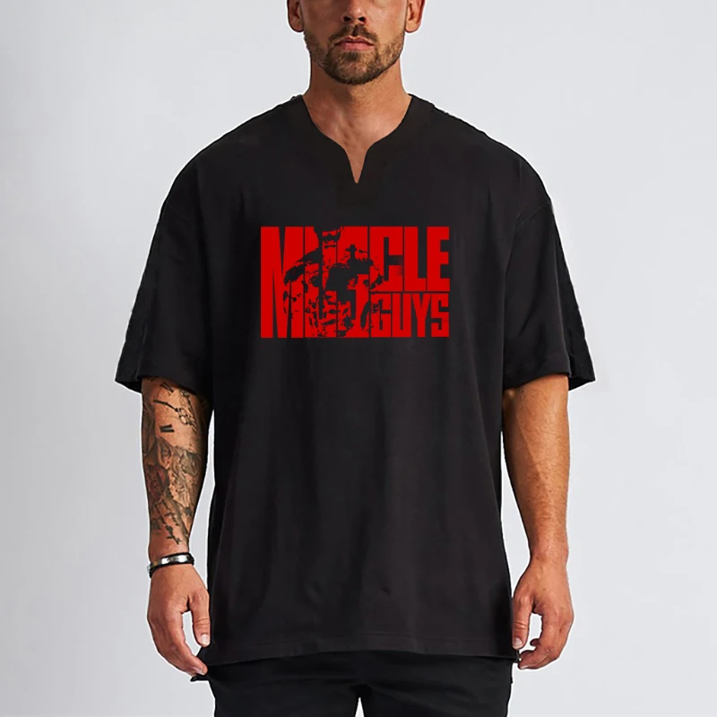 Maglietta oversize in cotone da uomo moda T-Shirt estiva da uomo T-Shirt con scollo a v T-Shirt Casual per uomo Streetwear palestra Bodybuilding