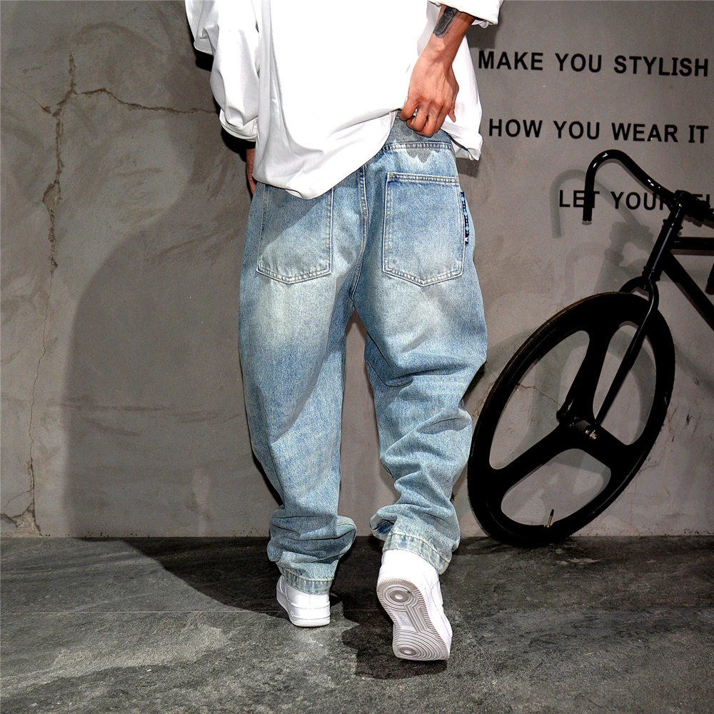 High quality vintage light blue baggy jeans men clothing korean fashion Denim cargo pants streetwear Skateboard trousers male