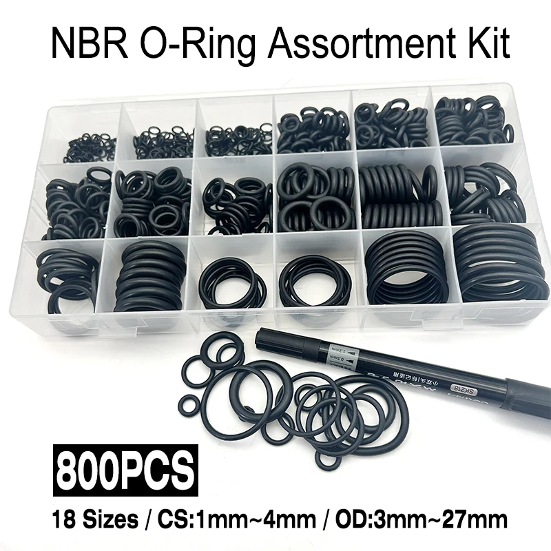 

800Pcs Black NBR O-Ring Set | Oil/Wear Resistance and Sealing | Nitrile Rubber Seals Assortment With CS 1mm-4mm and OD 3mm-27mm