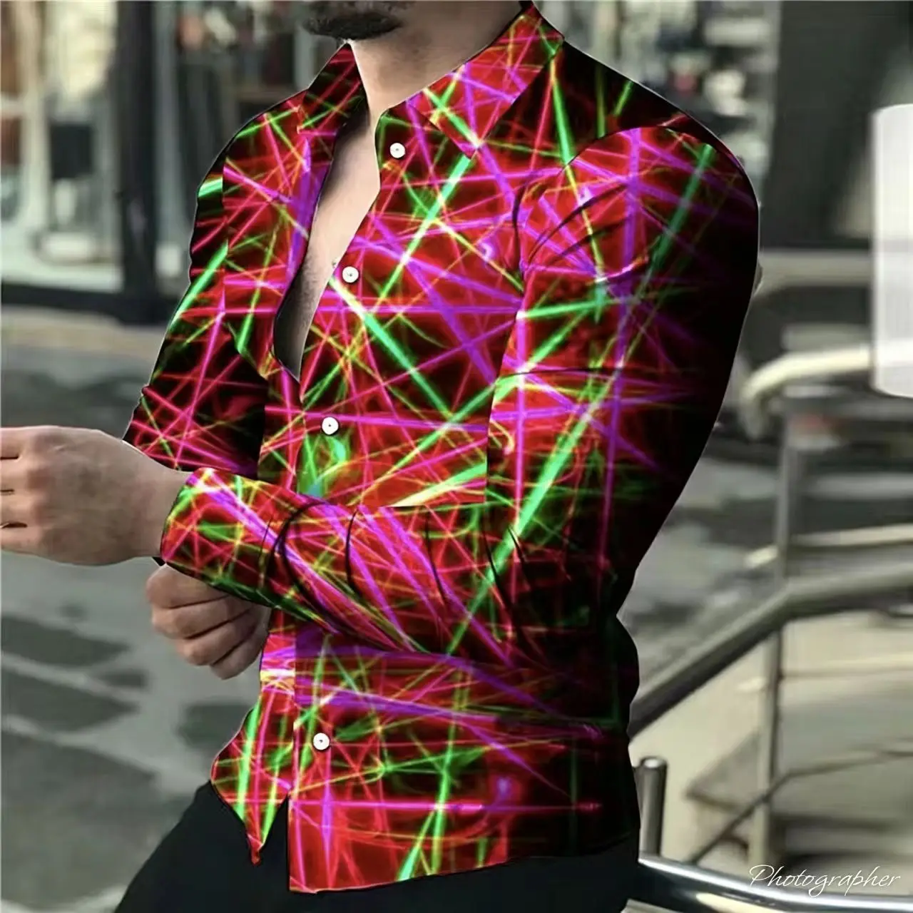 Men's 3D printed long sleeved shirt, cross color, geometric stripes, casual, comfortable, high-quality material, 2026 new model