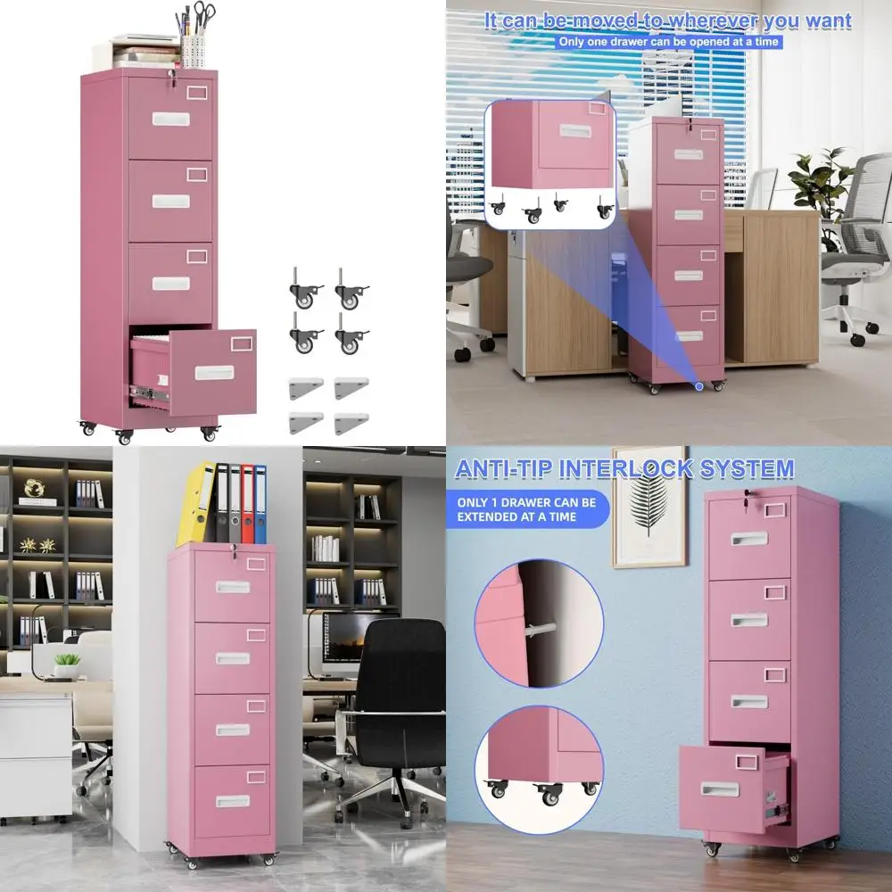 خزانة ملفات عمودية قابلة للقفل بأربعة أدراج مع عجلات، وخزانة تخزين مكتبية متنقلة، ومقبض، وحامل بطاقة الاسم، ووضع موفر للمساحة