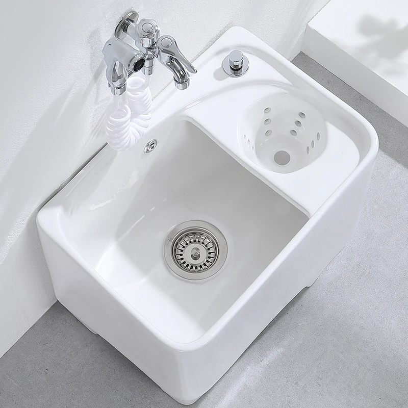 

New ceramic tall foot with drain basket household balcony bathroom outdoor washing mop trough basin