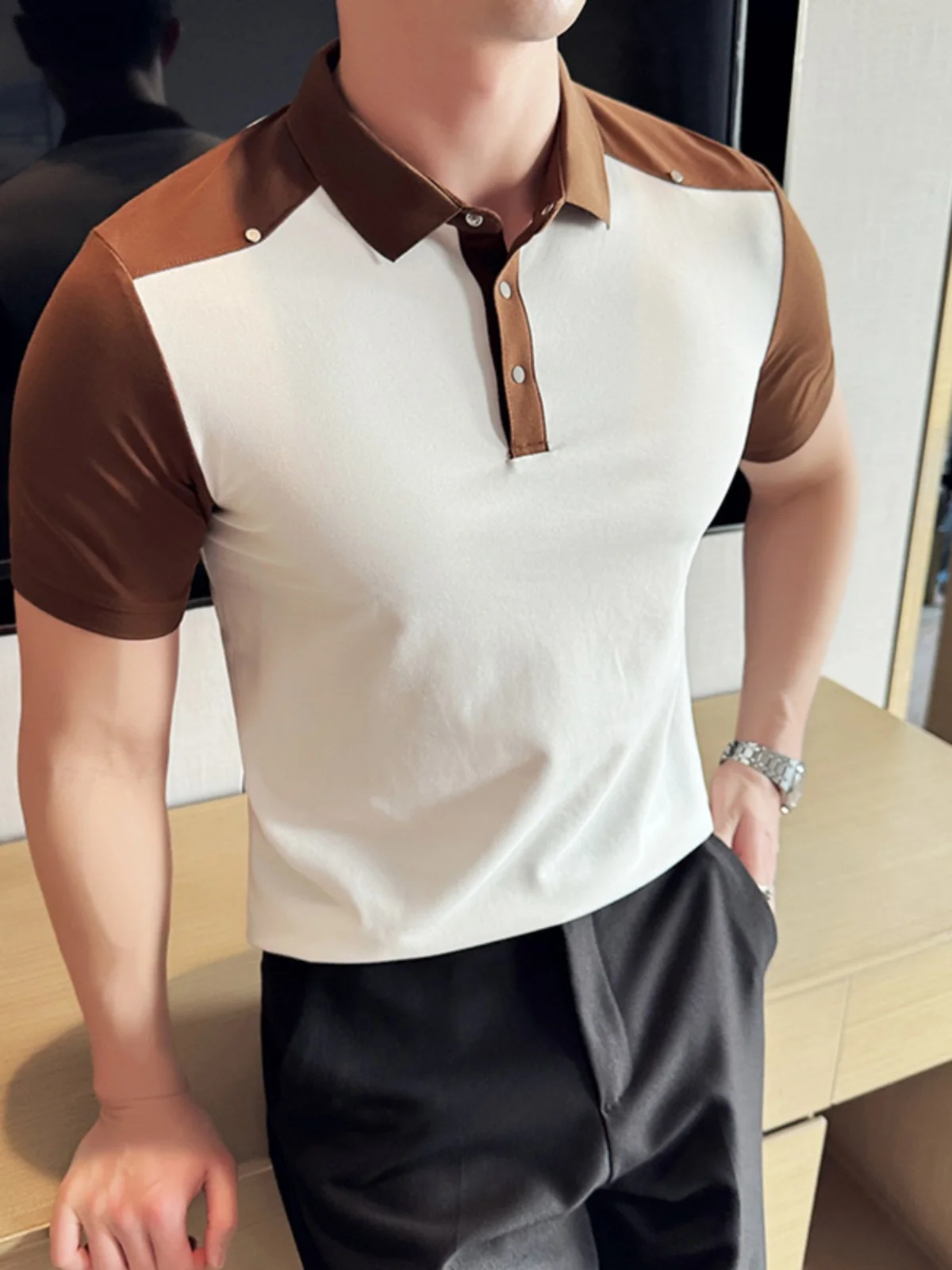 

Summer Polo Shirt Men Fashion Contrast Color O Neck Short Sleeve Knitted Polos Sports Slim Fit Fitness Workout Clothing A63