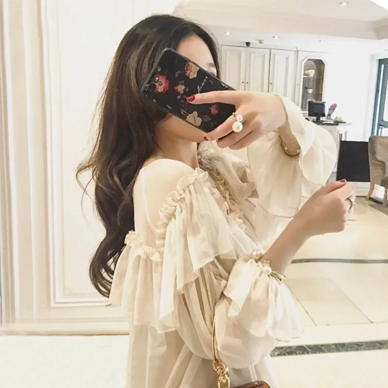 New V-neck Sexy Shirts Women See Through Boho Mesh Women\'s Blouse Summer Ruffle Flare Sleeve Elegant Tops Ruffles Blusas 13459