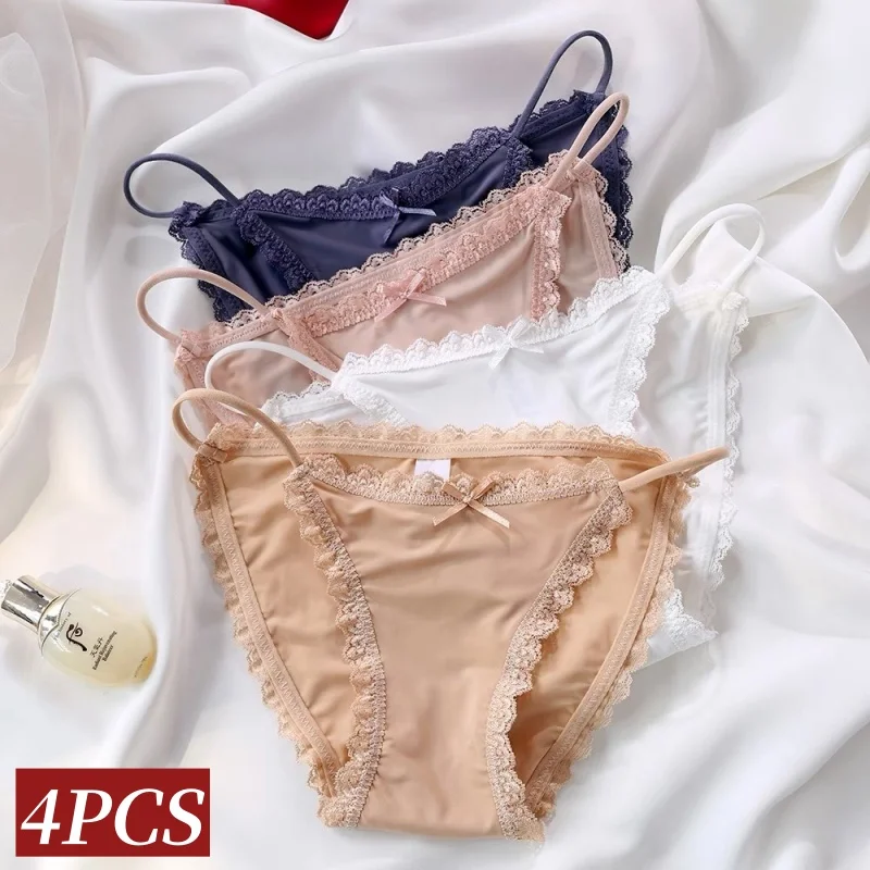 4Pcs/Set Ice Silk Brazilian Panties Lace Trim Underwear Women Low Waist Briefs Female Solid Color Se