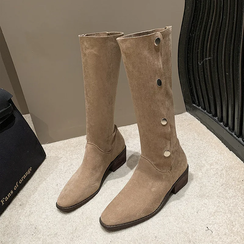 Botas de ante con tacón grueso para mujer, zapatos altos antideslizantes, cálidos, con hebilla, para primavera, 2024