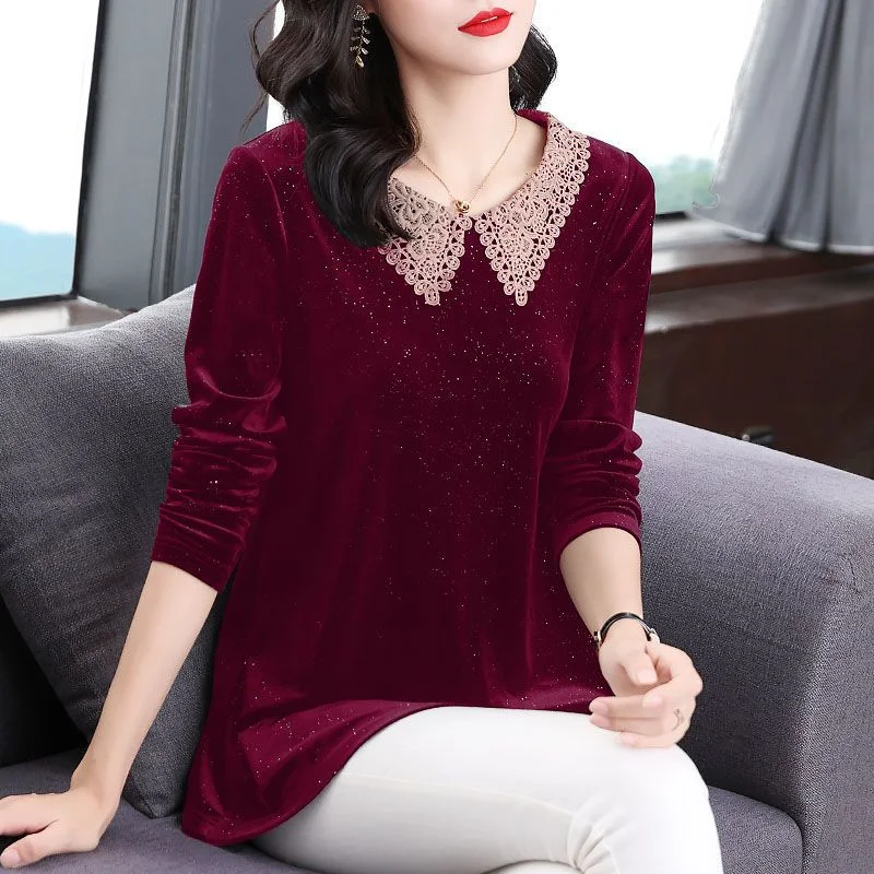 Gold Velvet Top Doll Collar Mid-length Women's Base Shirt Loose Lace Collar Makes You Look Slim