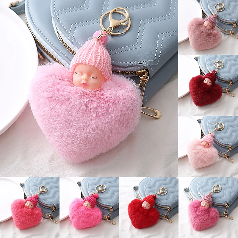 Plush Peach Heart Pompom Sleeping Baby Doll Keychain Key Hanging Holder Bag For Women Girls Fashion Jewelry Gift Charming Decor