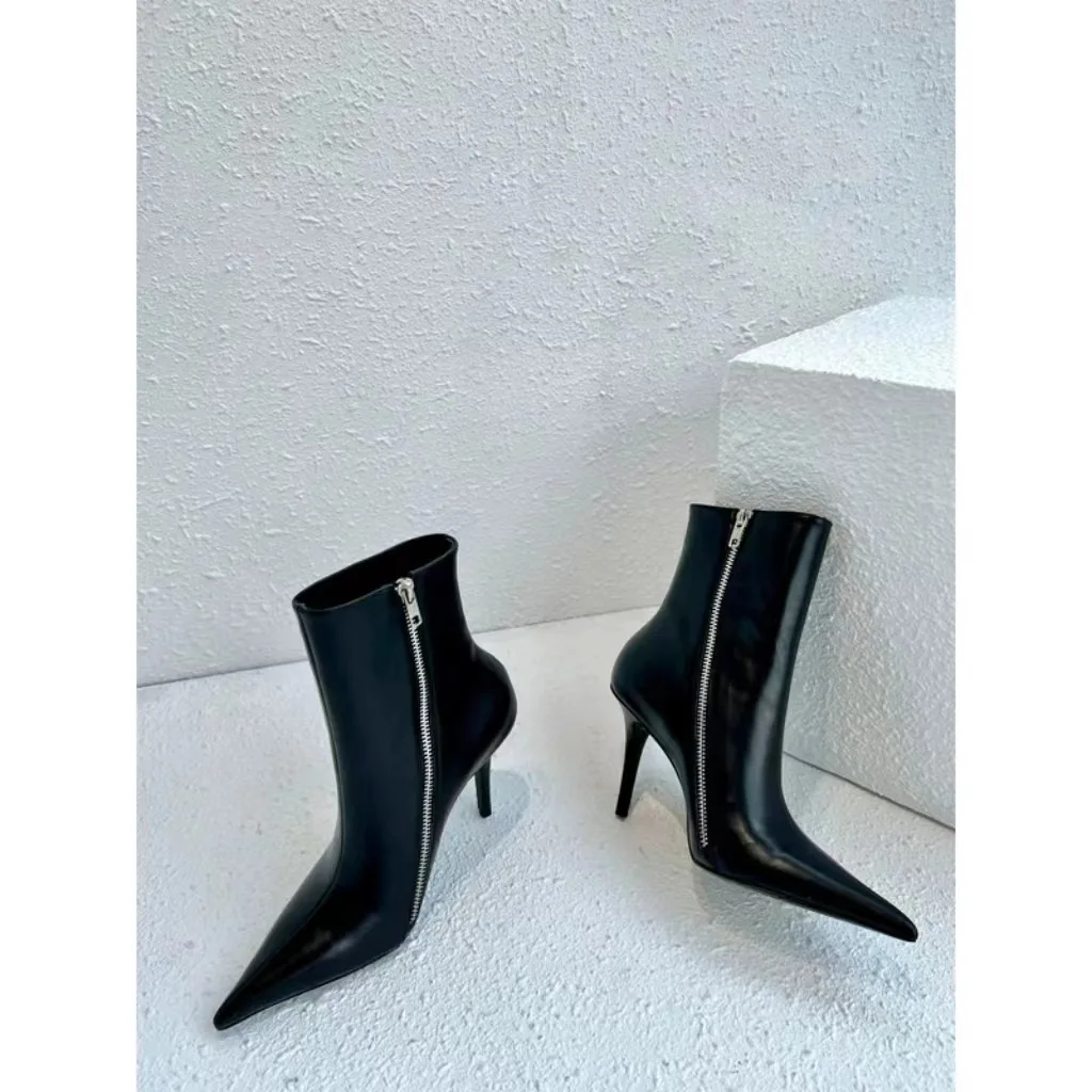 Fall/Winter 2024 New Black Pointed Toe Side Zipper Stiletto Heel Super High Heeled Fashion Boots Plus Size Booties women boots