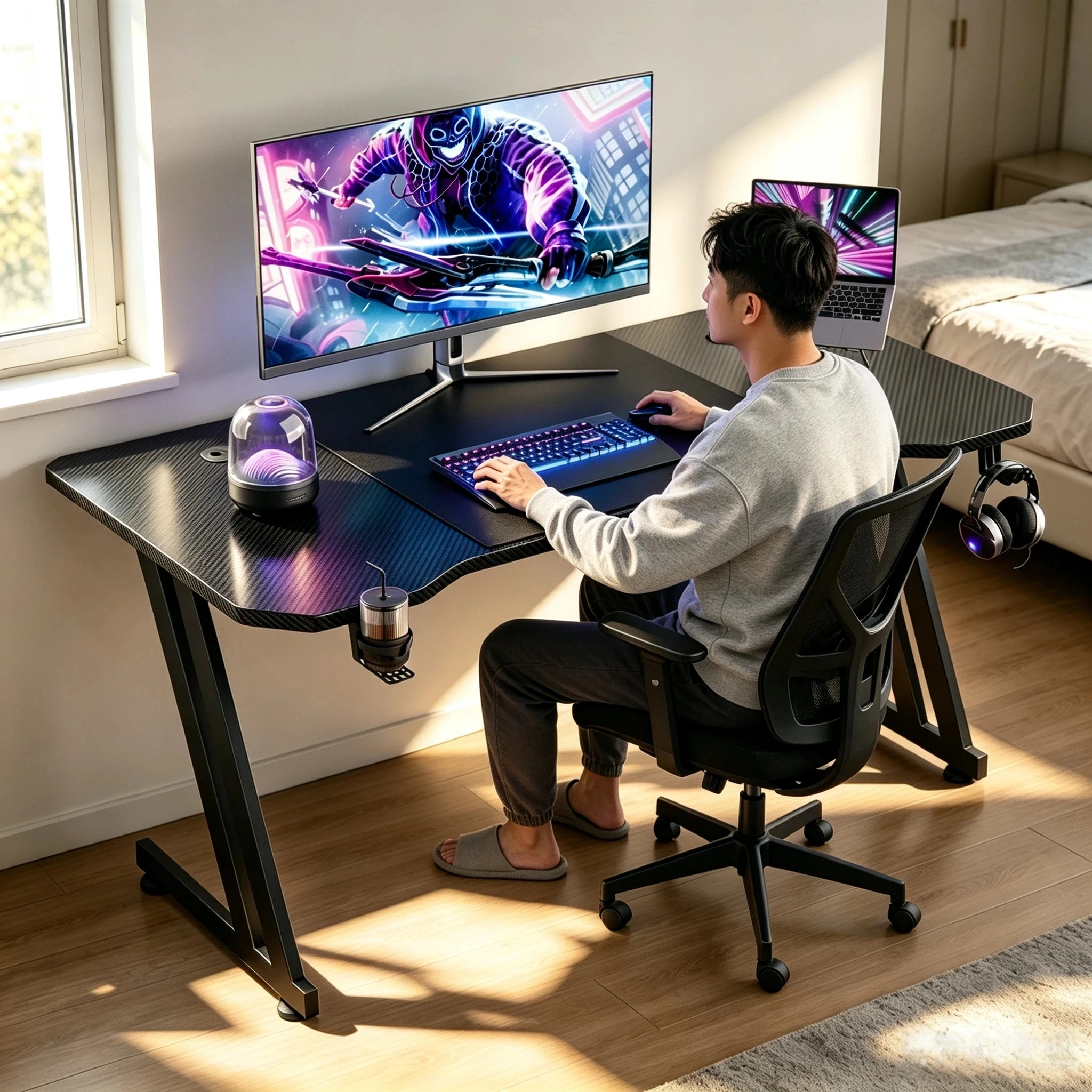 NEBMAAX Carbon Fiber Gaming Desk Z-Shaped Large Computer Desk with Cup Holder And Headphone Hook Ergonomic Black Home Office Workstation 47/55/63 Inch Options
