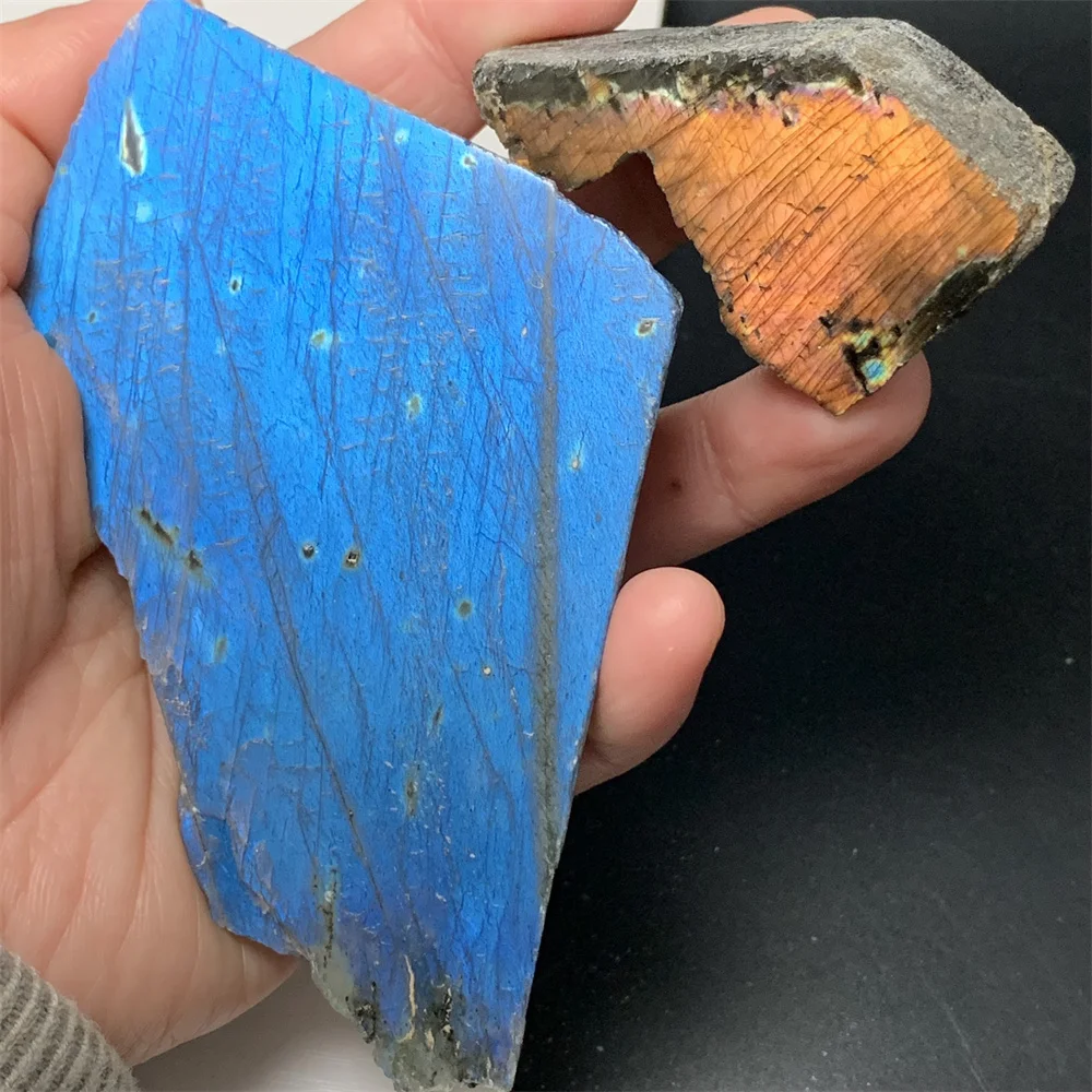 2PCS Natural Noble Full Blue Light Labradorite Sliced Specimen Raw Rough Back Colorful Purple Rainbow Labrador Stones Ornaments