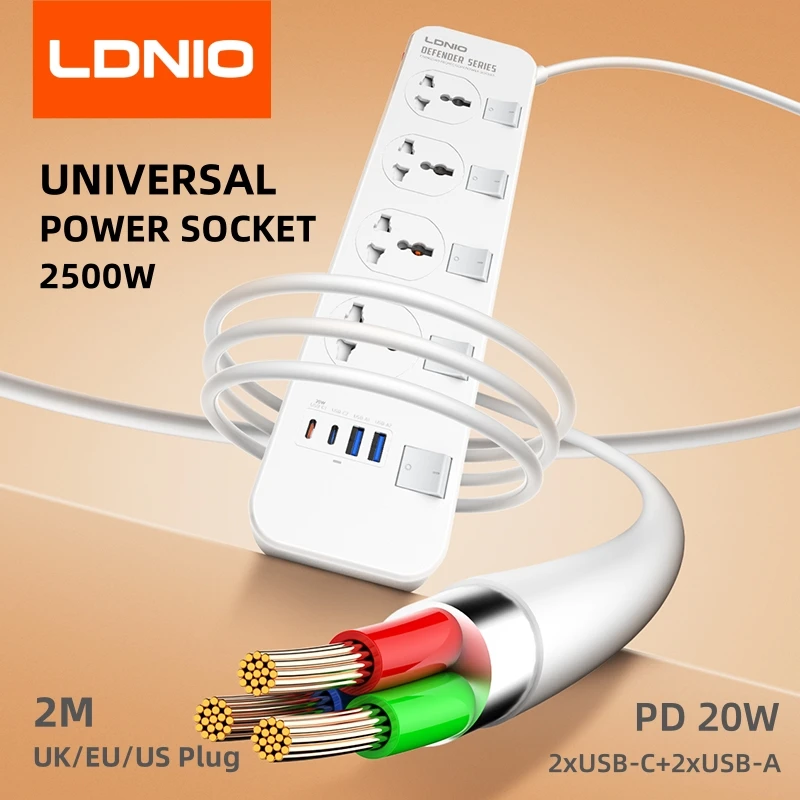 

LDNIO Universal Outlet Power Strip EU/UK/US Plug 2M Extension Cable Electrical 4 Switch Socket Type C USB Ports Charger Adapter