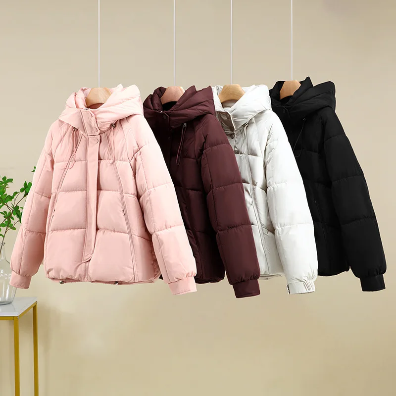 

Women Solid Parkas Coats Short Jackets Drawstring Hooded Zipper Pocket Long Sleeves Thick Loose Office Lady Casual 2025 Winter