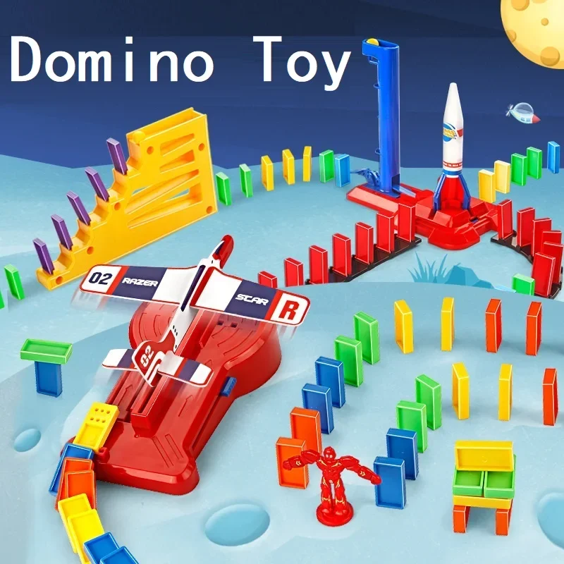 Domino Building Blocks with Aircraft Tracks - Children’s Train & Rocket Toy (STEM Learning Kit)