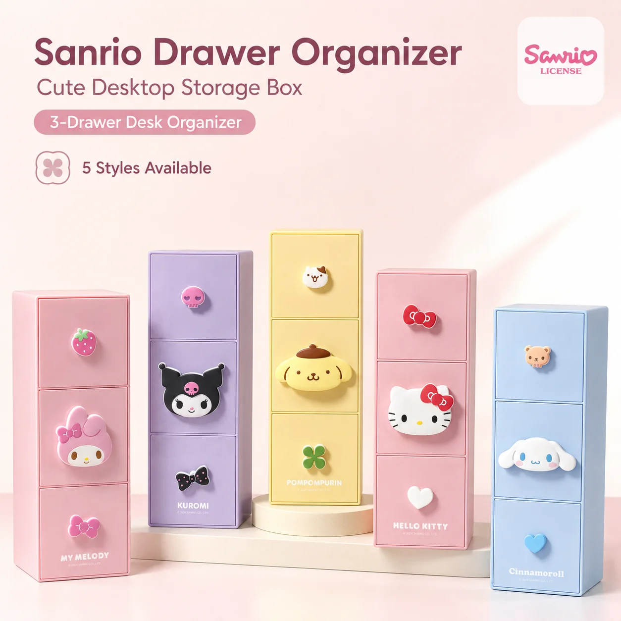 Sanrio 3-Schubladen-Schreibtisch-Organizer, niedlicher Cartoon Hello Kitty My Melody Schreibtisch-Schubladen-Aufbewahrungsbox, Make-up- und Schreibwarenbehälter