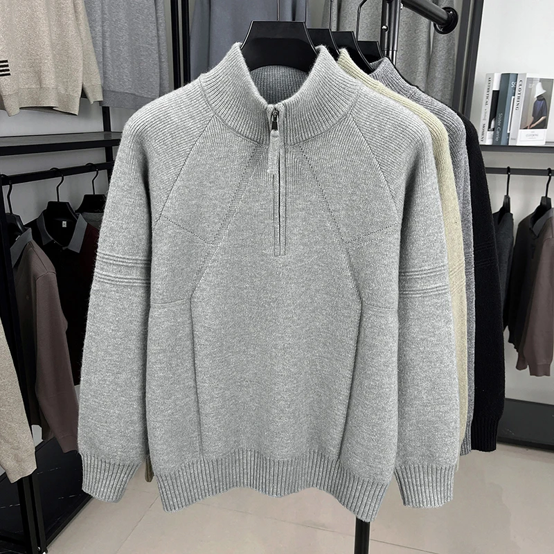 High Quality Men's Exquisite Knit Sweater Solid Color Stand Collar Half Zip Long Sleeved Pullover Casual Fashion Men's Clothing
