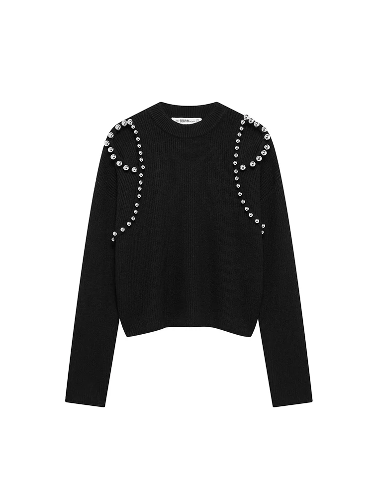 SIYANG Women Stylish Chic Metallic Ball Knit Sweater Female Open Shoulder O-Neck Pullover Ladies Casual Knitwear