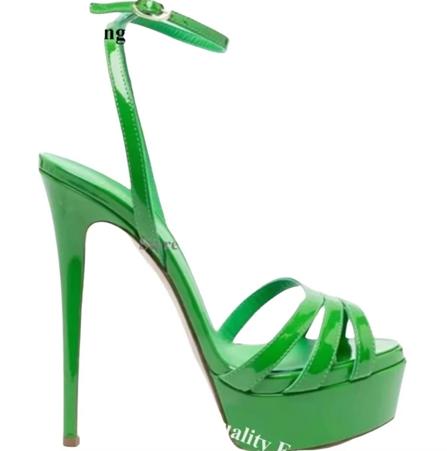 Linamong Sexy Straps Cross High Platform Stiletto Heel Sandals Peep Toe Green Yellow Pink Patent Leather Thin Heel Dress Shoes image 6