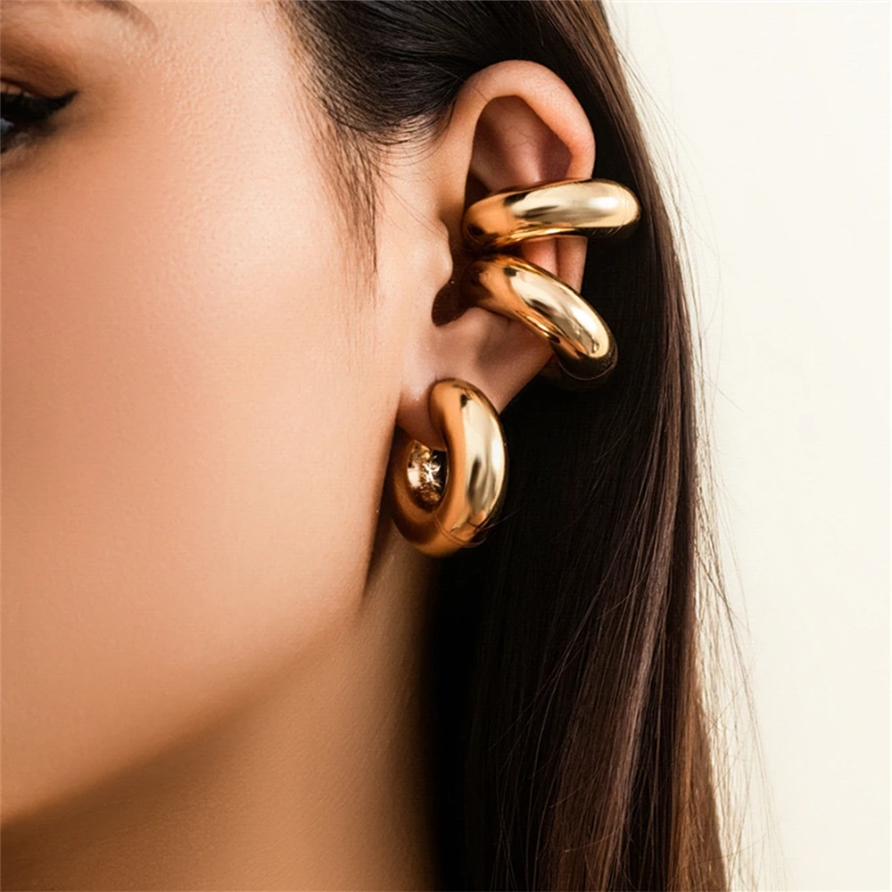 2023 New Gold Color Chunky Round Circle Ear Clip On Earrings for Women Exaggerated No Piercing Thick Cartilage Ear Cuff Jewelry