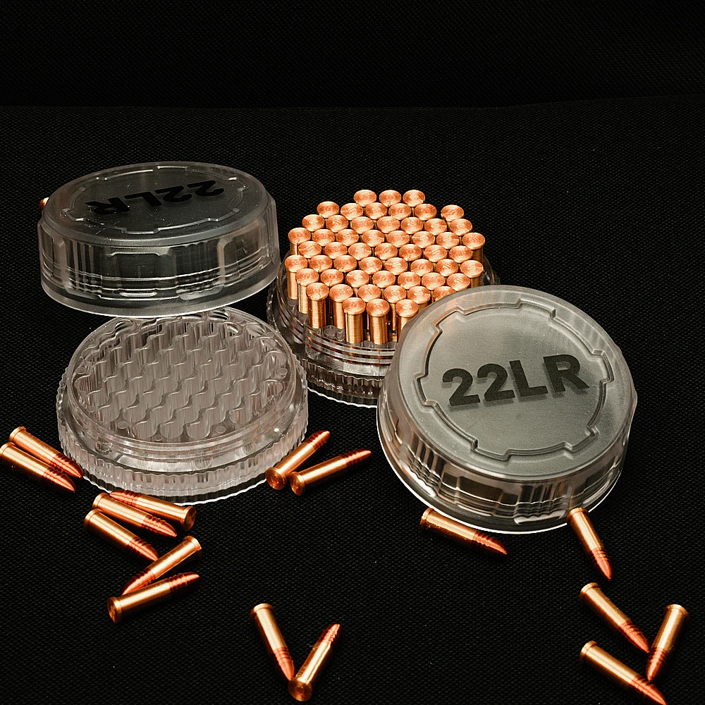 55-round ammo capacity; suitable for .22LR cartridges; portable pocket ammo storage box; translucent plastic material