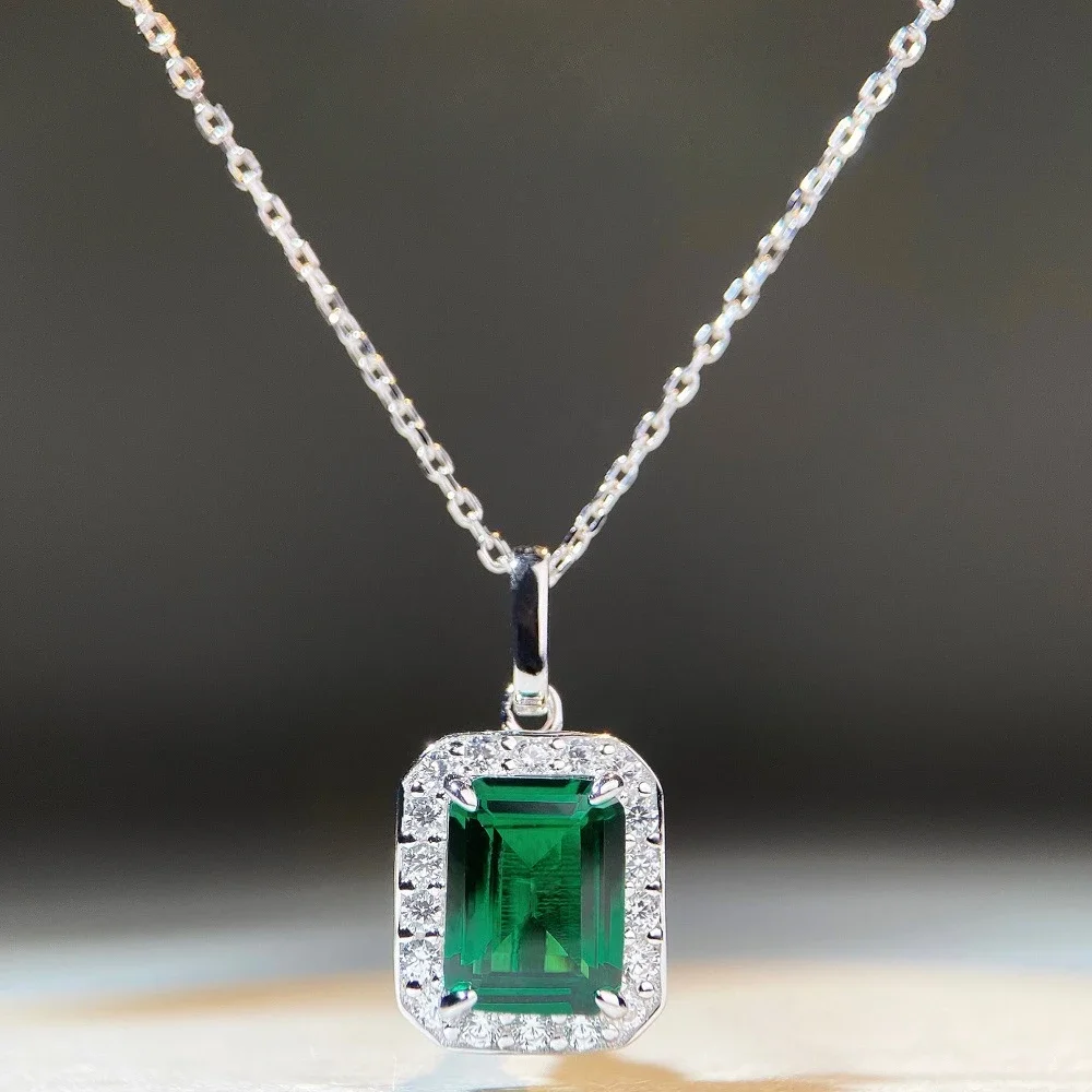 S925 Silver emerald necklace Women's Princess square package full of diamond clavicle chain zircon pendant wedding jewelry